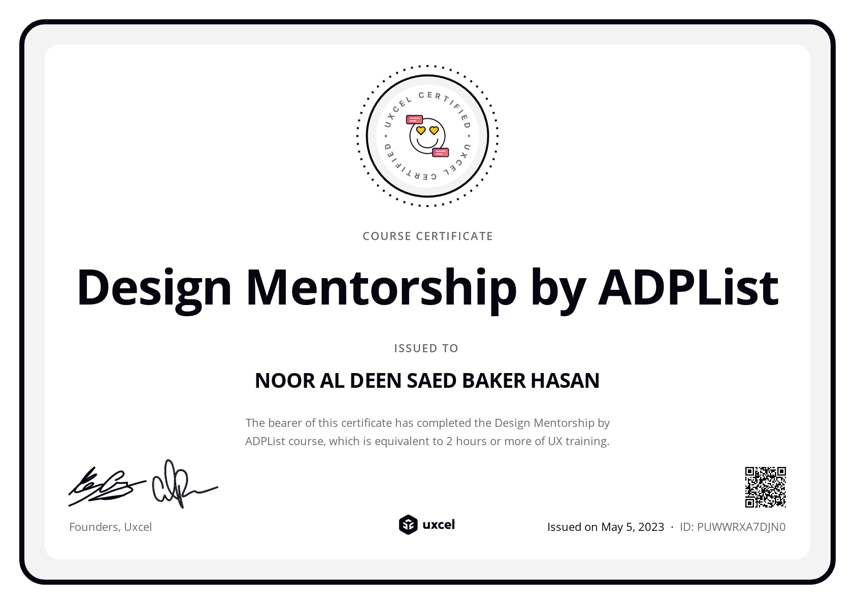 NOOR AL DEEN SAED BAKER HASAN's certificate